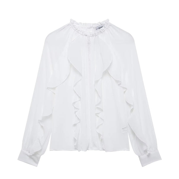 Women's romantic chiffon blouse with gathered stand-up collar, continuous ruffles, and balloon-shaped sleeves Mune Fashion