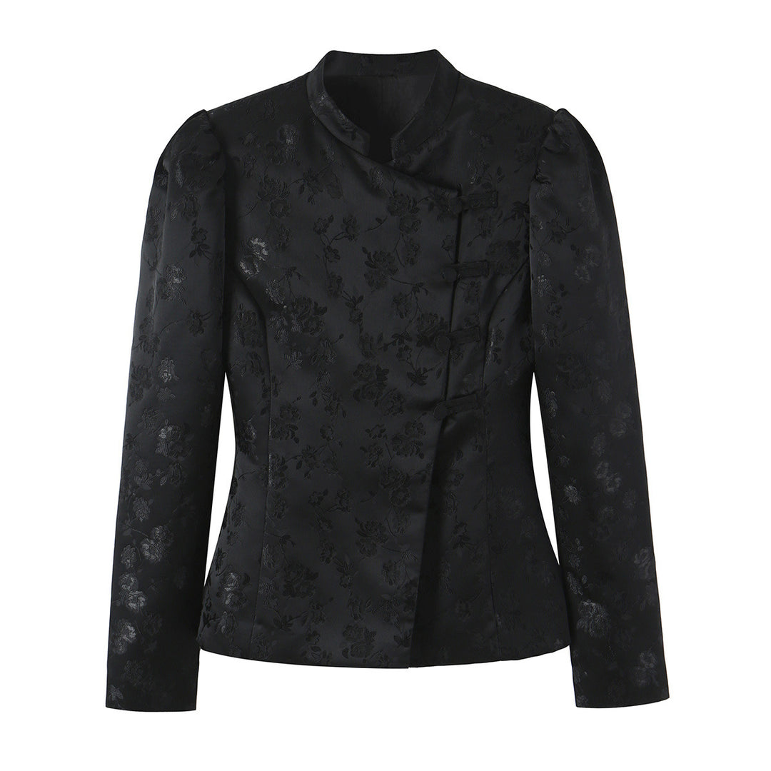 Women's Tailored Jacquard Blazer Jacket with Mandarin Collar and Decorative Knot Closure Mune Fashion