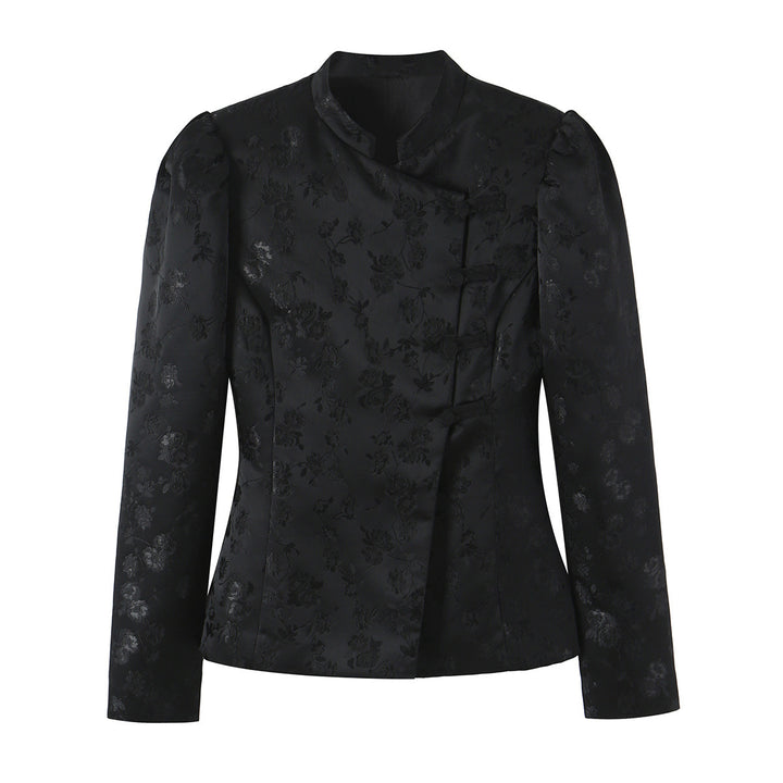 Women's Tailored Jacquard Blazer Jacket with Mandarin Collar and Decorative Knot Closure Mune Fashion