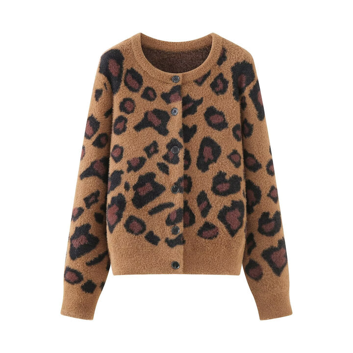 Women's Fluffy Cardigan in Leopard Print with Round Neck and Button Placket Mune Fashion