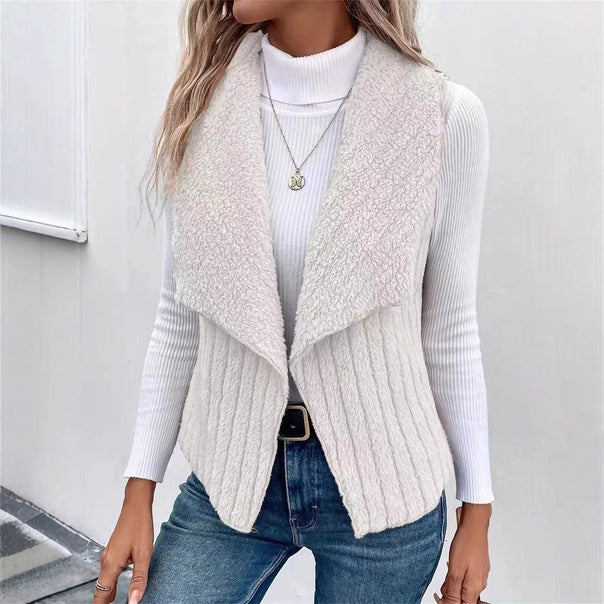 Women's cozy sleeveless teddy fleece vest with large shawl collar and textured ribbed look Mune Fashion