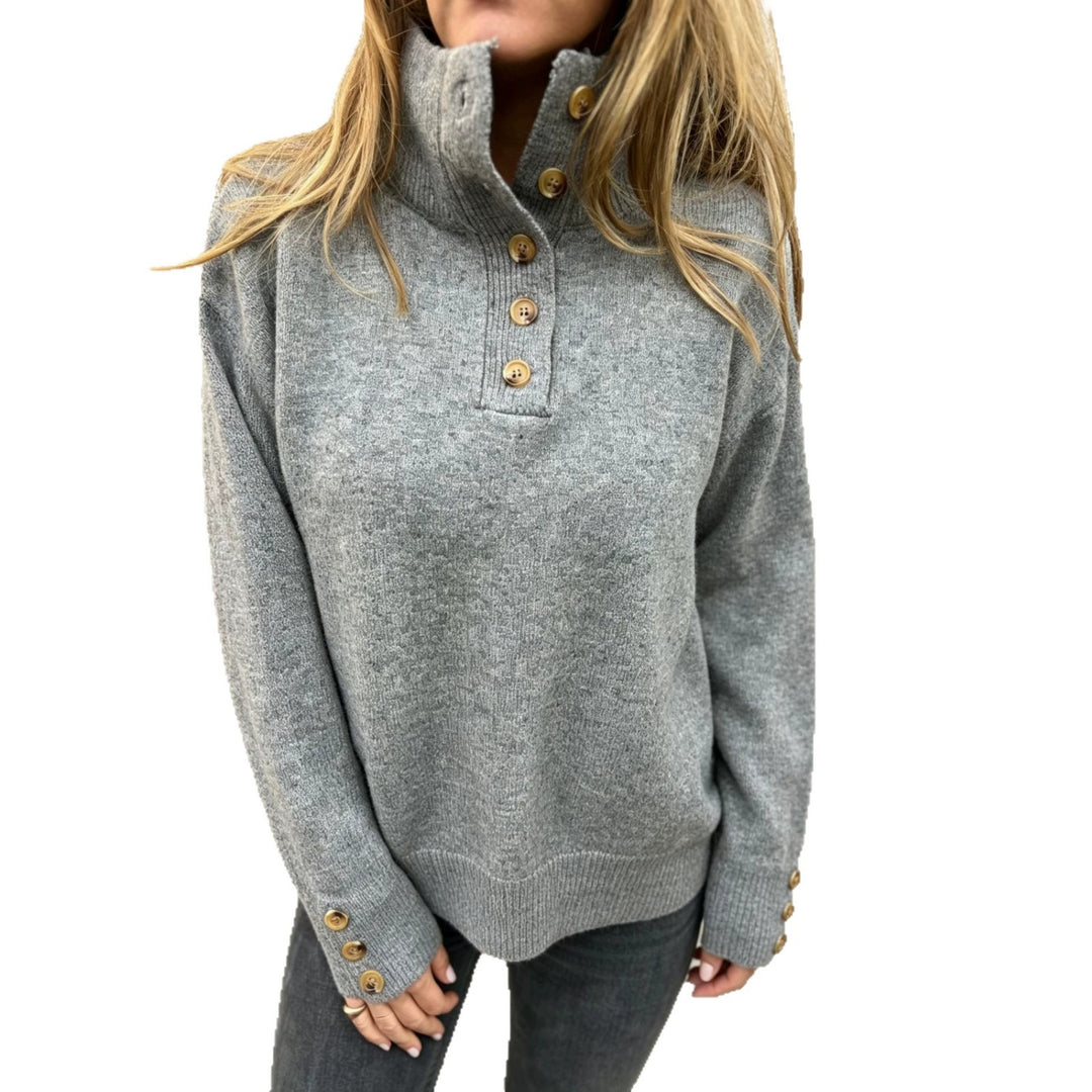 Women's knit sweater with high button collar, decorative front placket and decorative buttons Mune Fashion