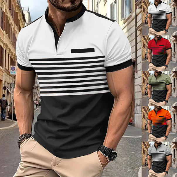 Men's short-sleeved striped short-sleeve shirt with button placket, stand-up collar and chest piping Mune Fashion