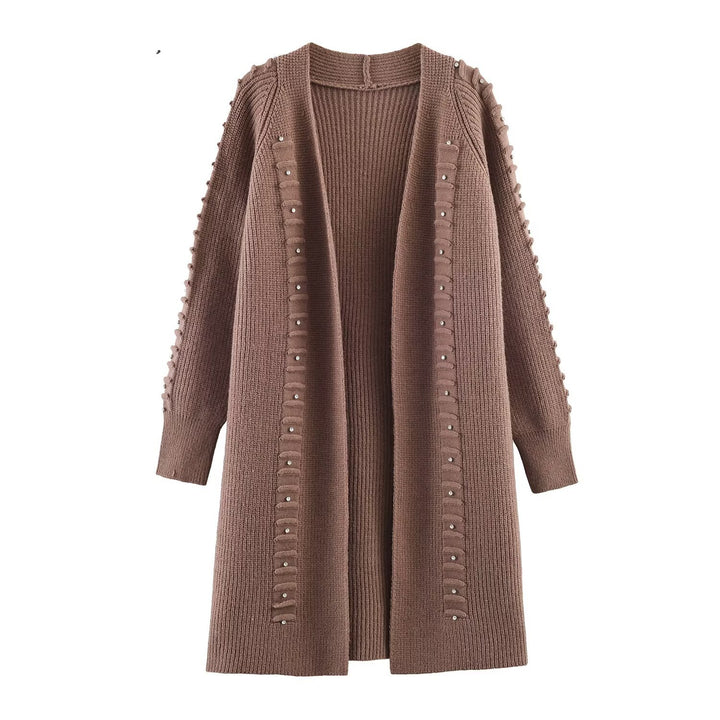 Women Longline Knit Cardigan with Bead and Ruffle Detail Open Front Mune Fashion
