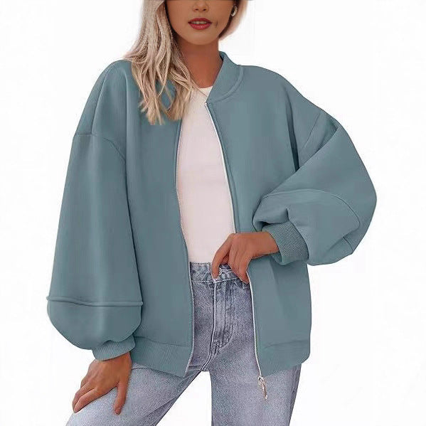 Women's Oversize Bomber Jacket with Balloon Sleeves and Zipper