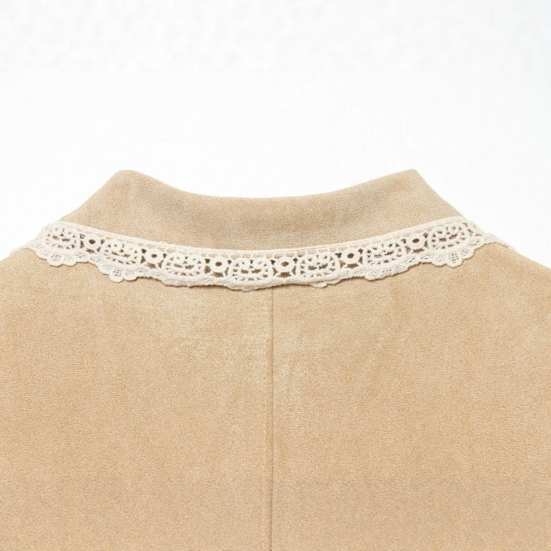 Women's Cropped Velvet Jacket with Lace Collar and Lace Cuffs Mune Fashion