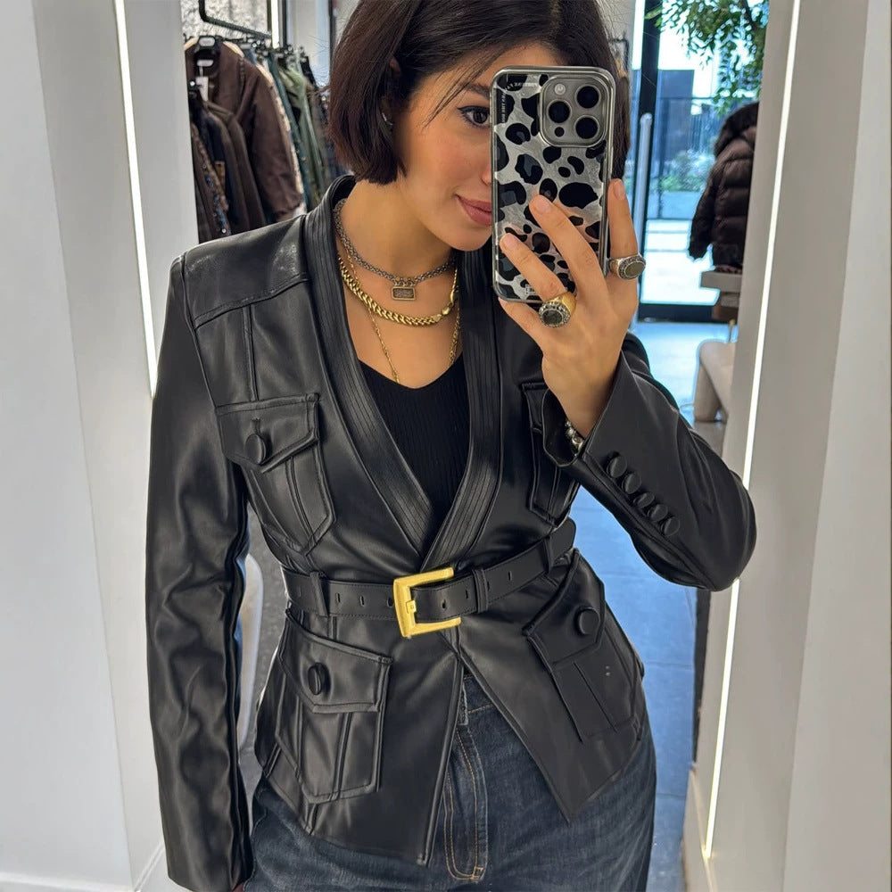 Women's Tailored Leather Blazer in Corset Style with Wide Buckle Belt and Flap Pockets Mune Fashion