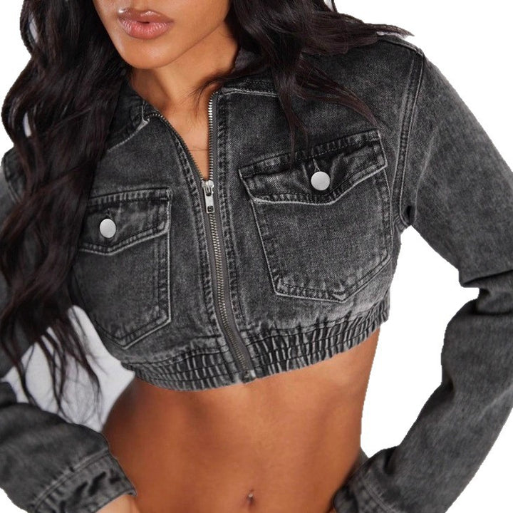 Women's Cropped Denim Set consisting of jacket and midi skirt with zipper, elastic waistband & cargo pockets Mune Fashion