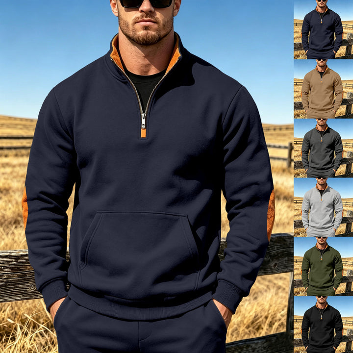 Men's Athletic Half-Zip Sweatshirt with Elbow Patches and Kangaroo Pocket Mune Fashion