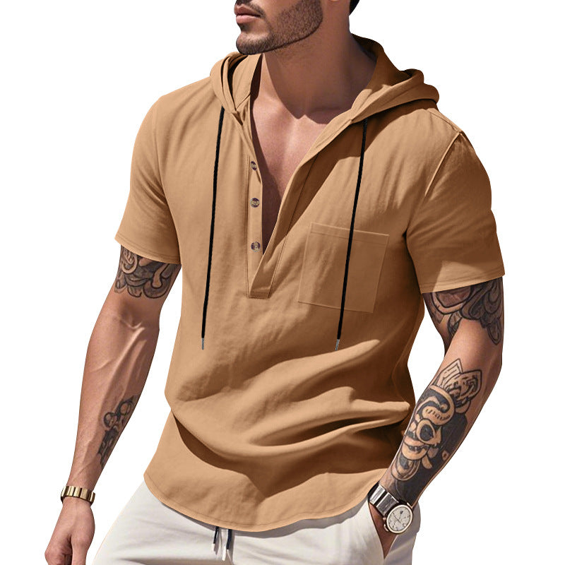 Men's lightweight short-sleeve hooded Henley made of single jersey with chest pocket and contrast drawstring Mune Fashion