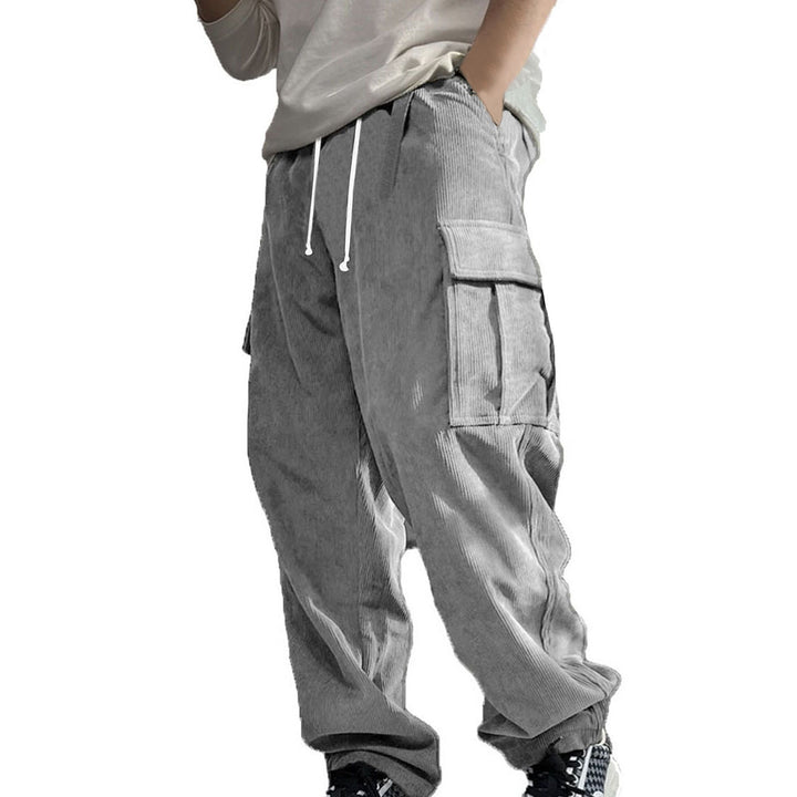 Men's Loose Cord Cargo Pants with Drawstring, Elastic Waistband & Multi-functional Pockets Mune Fashion