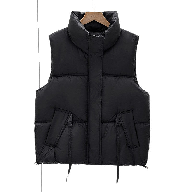 Women's short-cut minimalist insulation vest with high funnel collar, concealed two-way front and adjustable drawstring hem Mune Fashion