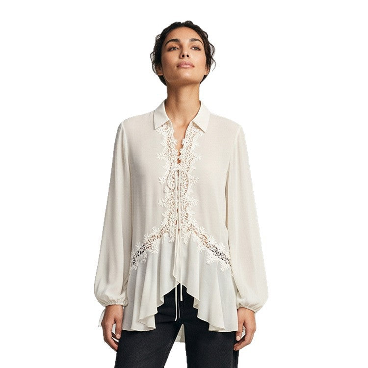 Women Transparent Chiffon Blouse with Lace Trim, Tie Band & Asymmetrical Ruffle Hem Mune Fashion