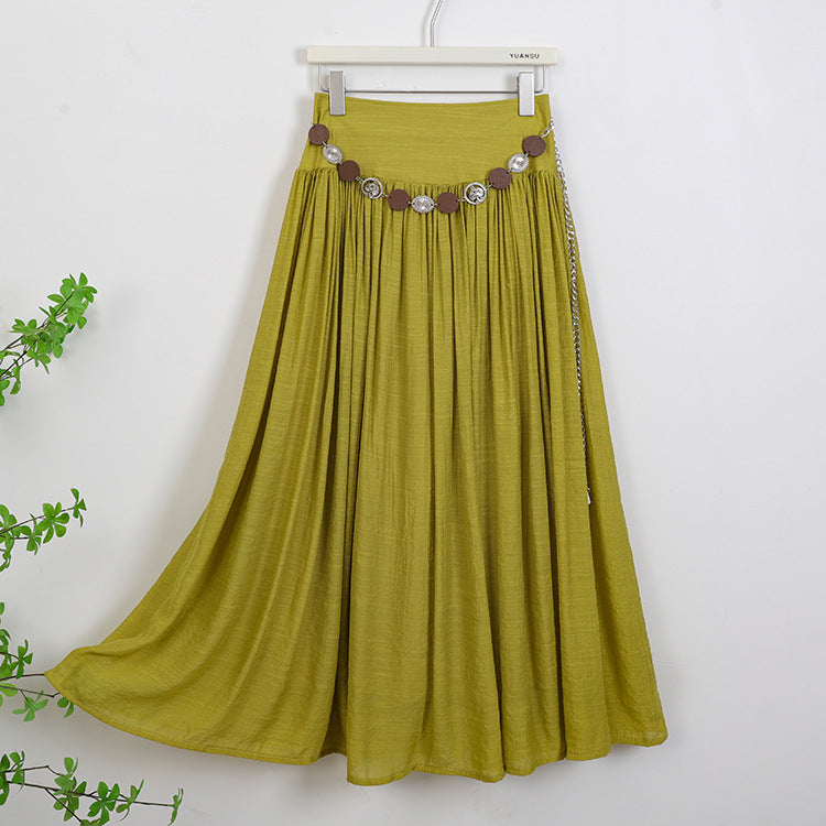 Women's maxi skirt with gathered waist, flowing flared shape and decorative coin belt Mune Fashion