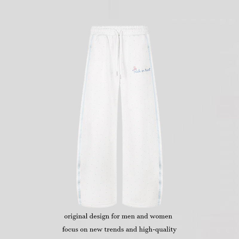 Women's Extra Wide Palazzo Sweatpants in Polka Dot Design with Elastic Comfort Waistband and Side Contrast Stripes Mune Fashion