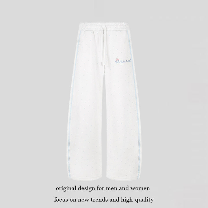 Women's Extra Wide Palazzo Sweatpants in Polka Dot Design with Elastic Comfort Waistband and Side Contrast Stripes Mune Fashion