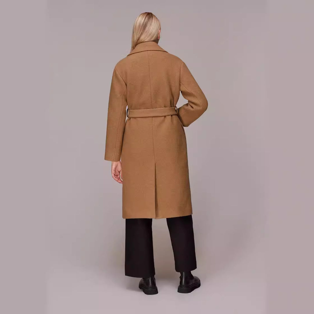 Women's Midi-Length Wool Blend Long Coat with Minimal Shawl Collar and Relaxed Silhouette Mune Fashion