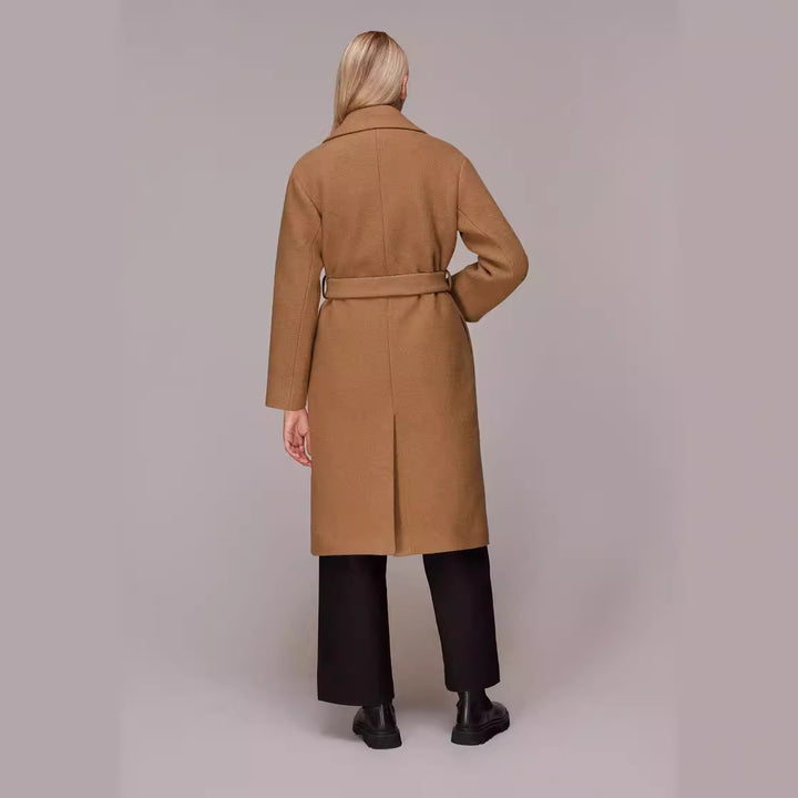 Women's Midi-Length Wool Blend Long Coat with Minimal Shawl Collar and Relaxed Silhouette Mune Fashion