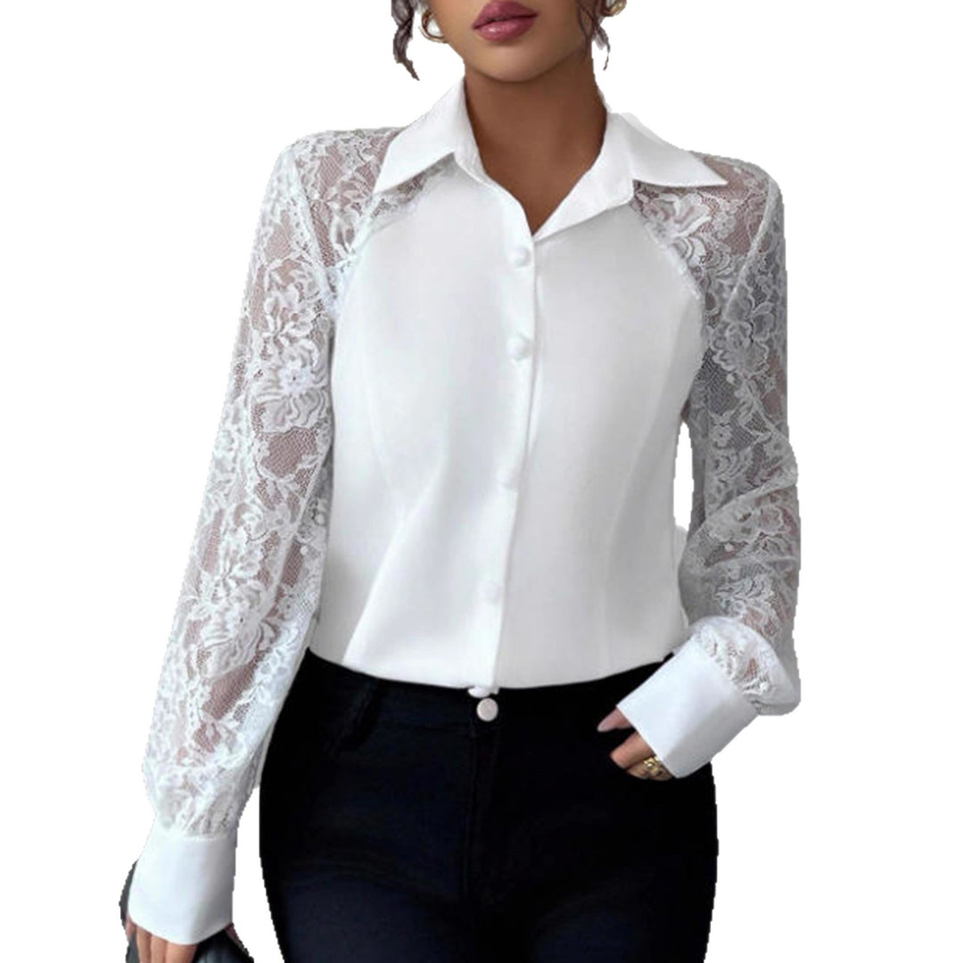 Ladies Elegant Blouse with Lace Inserts and Shirt Collar Mune Fashion