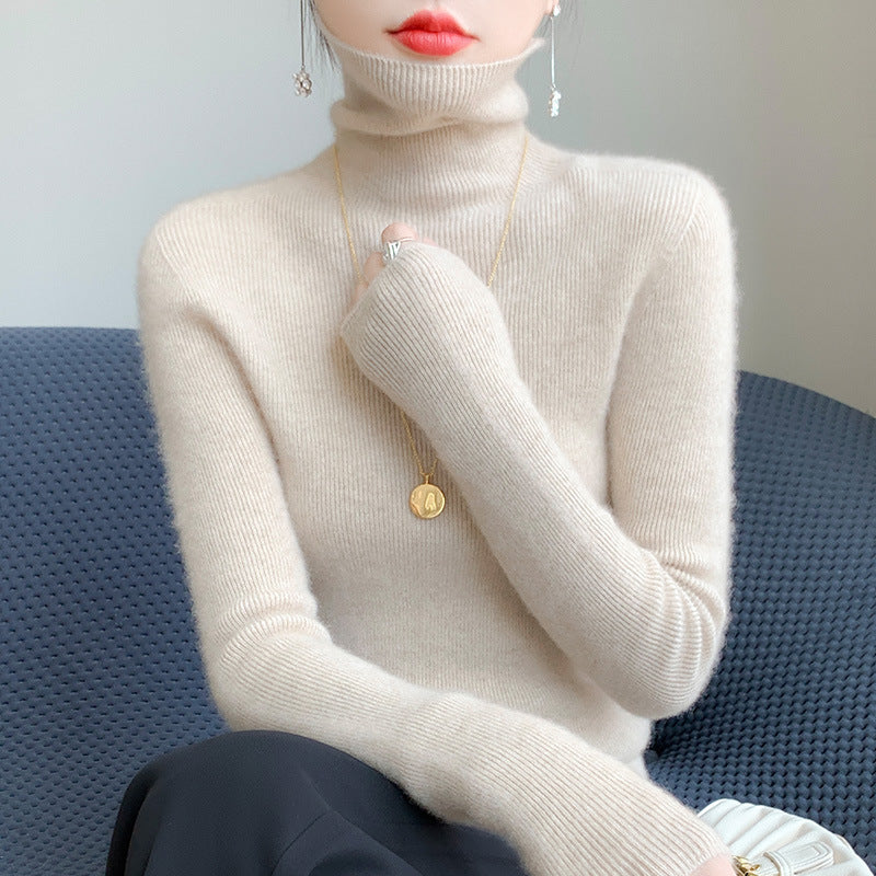 Women's Slim Roll Neck Sweater made of Cashmere Mix with Extra Long Sleeve Cuffs Mune Fashion