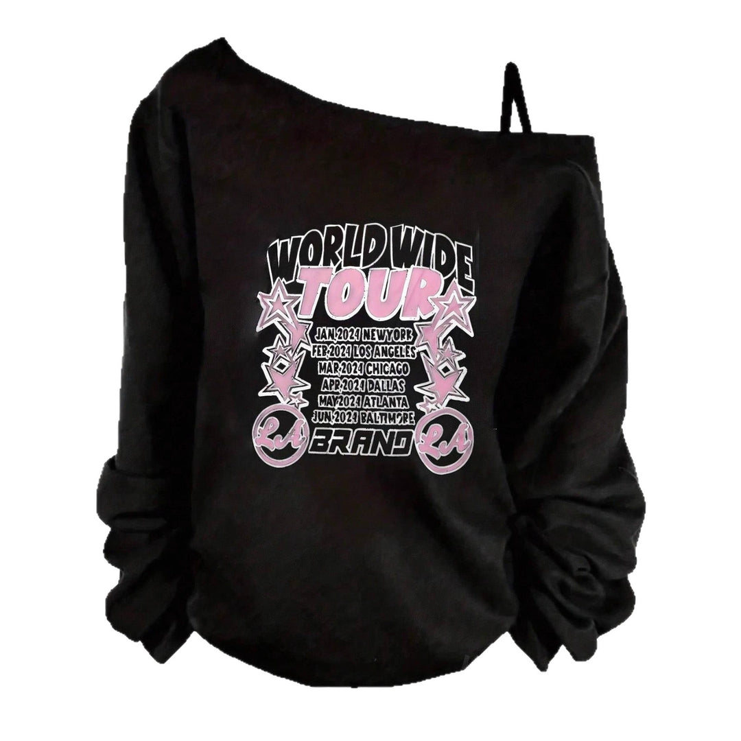 Women's nan asymmetrical off-shoulder sweatshirt with tour print and oversized fit Mune Fashion