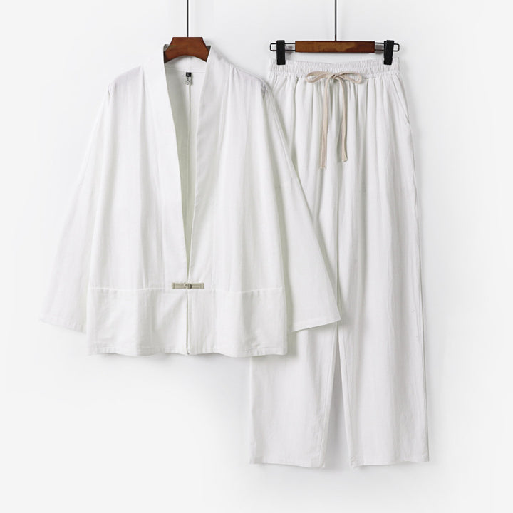 Men's Zen-inspired kimono loungewear set made of lightweight cotton blend with open cut and drawstring pants Mune Fashion