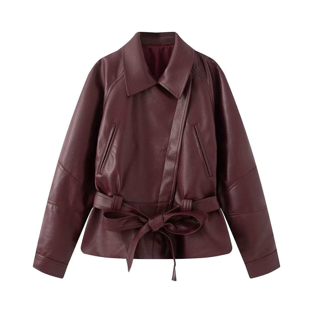 Women's short jacket made of faux leather with a belted waist and shirt collar Mune Fashion