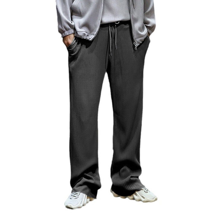 Men's Casual Ribbed Relaxed Pants with Wide Leg, Drawstring & Side Pockets