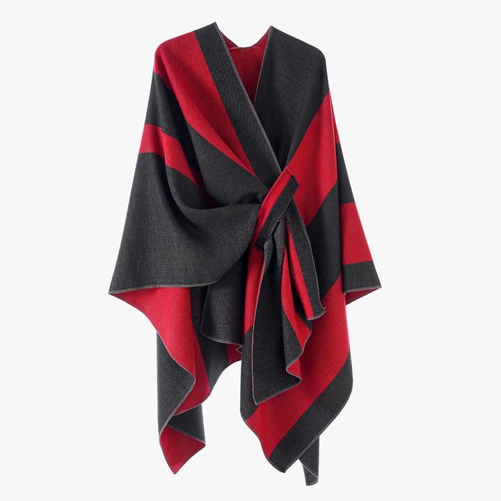 Women's Oversize Cape with Block Stripes and Tied Belt Mune Fashion