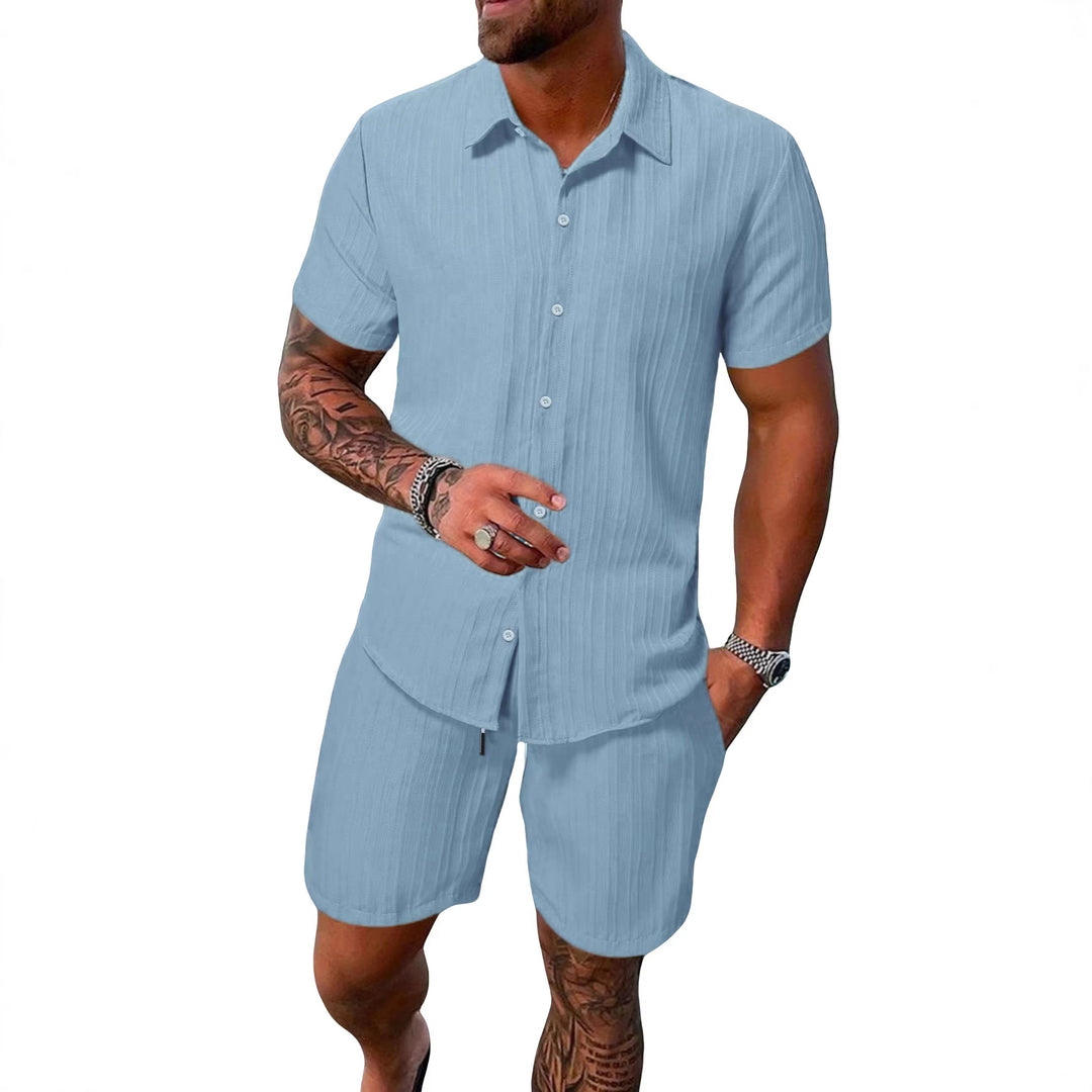Men's lightweight short-sleeve shirt with open collar and matching casual shorts made of textured cotton blend Mune Fashion