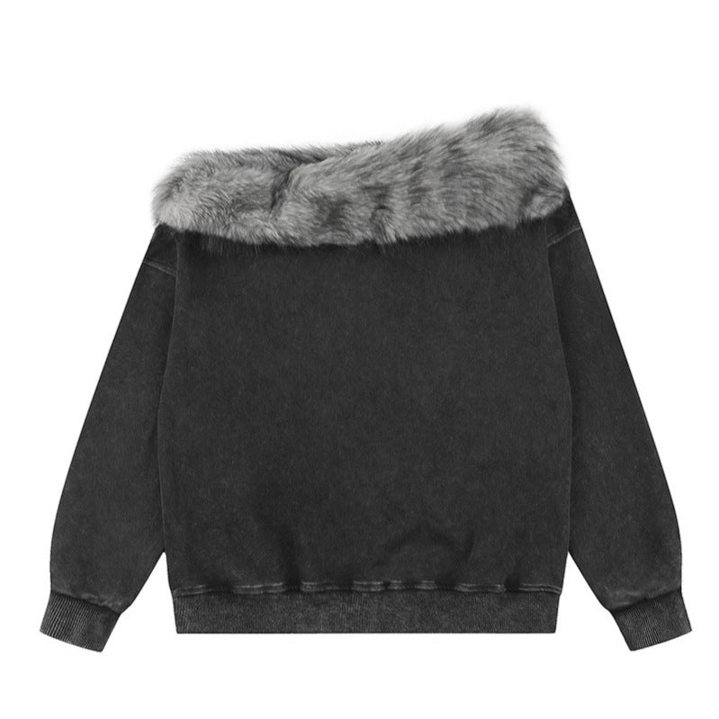 Women's Oversized Sweatshirt with Fur Collar, Vintage Wash and Cross Print Mune Fashion
