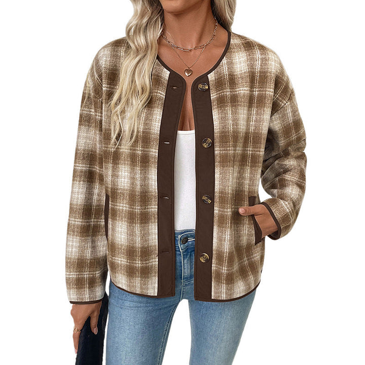 Ladies Checked Transitional Jacket with Round Neck, Contrast Trim and Button Placket Mune Fashion