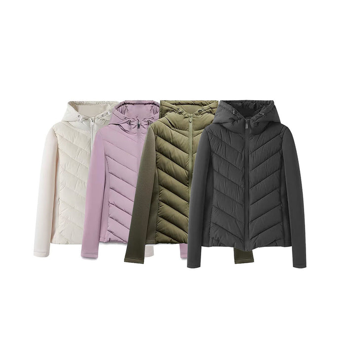 Women's hybrid quilted jacket with padding, hood, and elastic sleeve inserts Mune Fashion