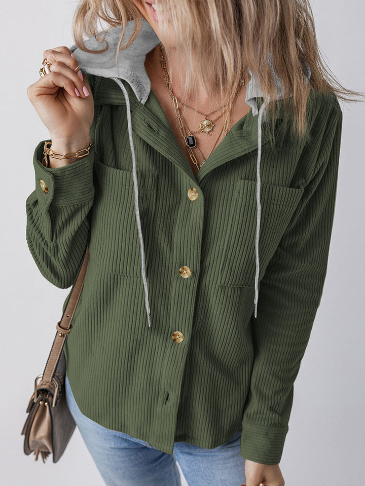 Women Ribbed Shirt Jacket with Hood, Button Placket and Patch Pockets Mune Fashion