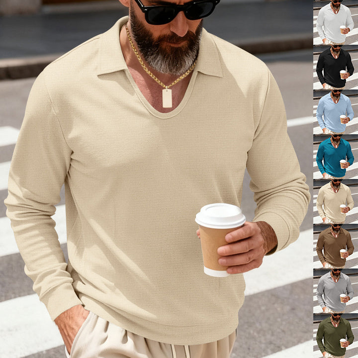 Men's patterned long sleeve polo with V-neck and open kent collar Mune Fashion