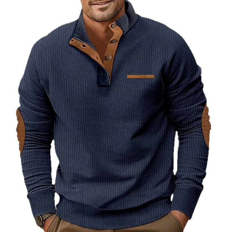 Men's structured half-button stand collar pullover with suede elbow patches Mune Fashion