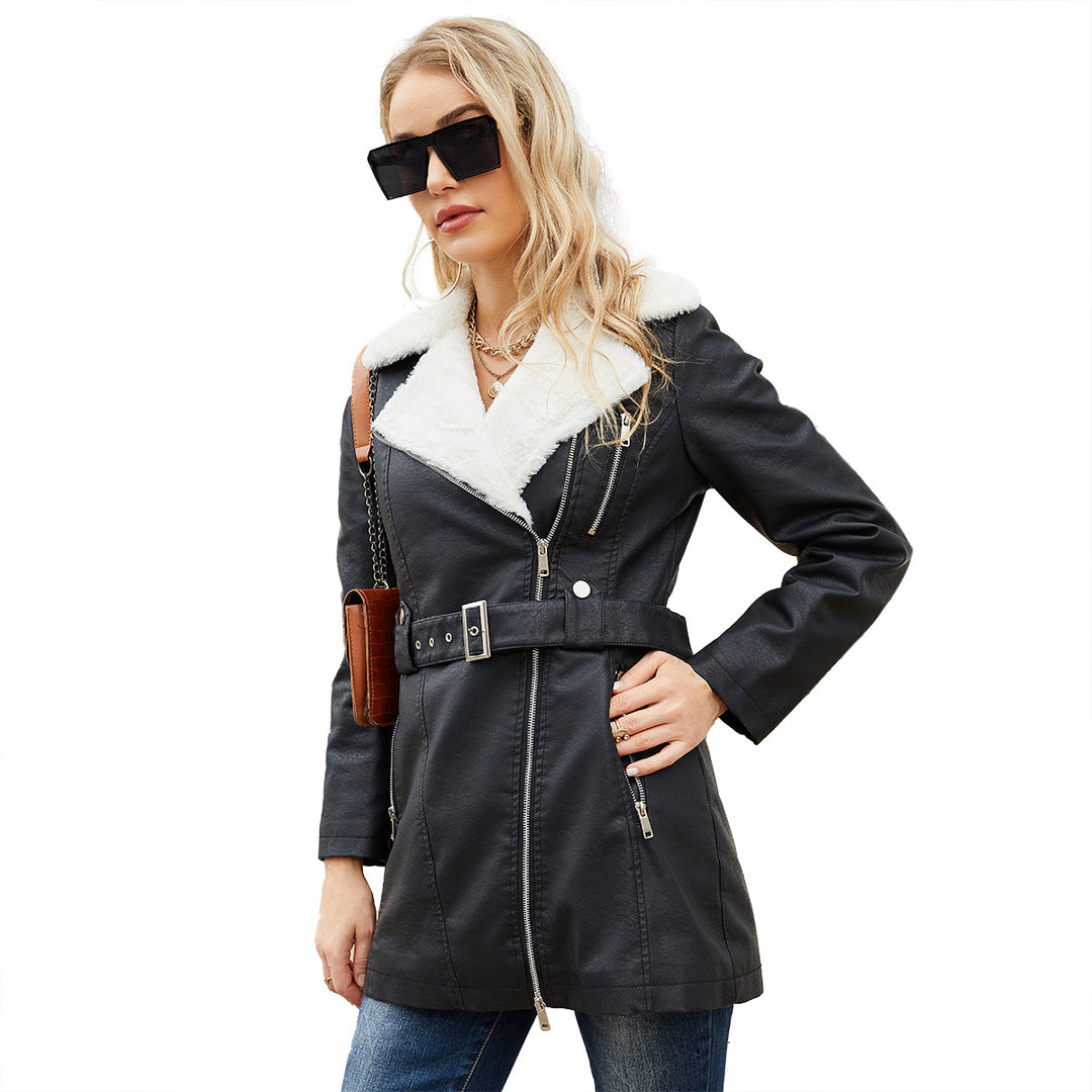 Ladies tailored coat in lambskin look with asymmetrical zipper and wide waist belt Mune Fashion