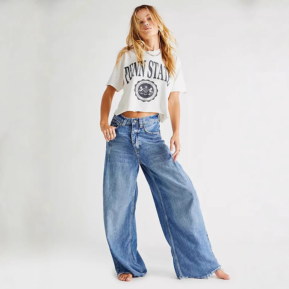 Women's extra-wide high-waist palazzo jeans made of denim with raw hem and vintage wash Mune Fashion