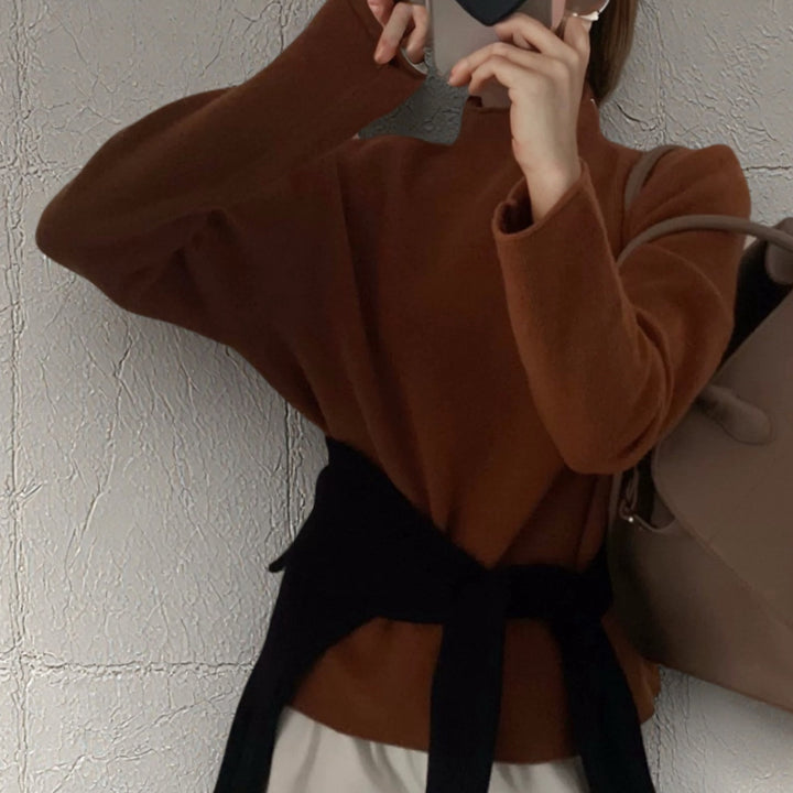 Women's Oversize Fine Knit Sweater with Stand-Up Collar and Ribbed Texture Mune Fashion