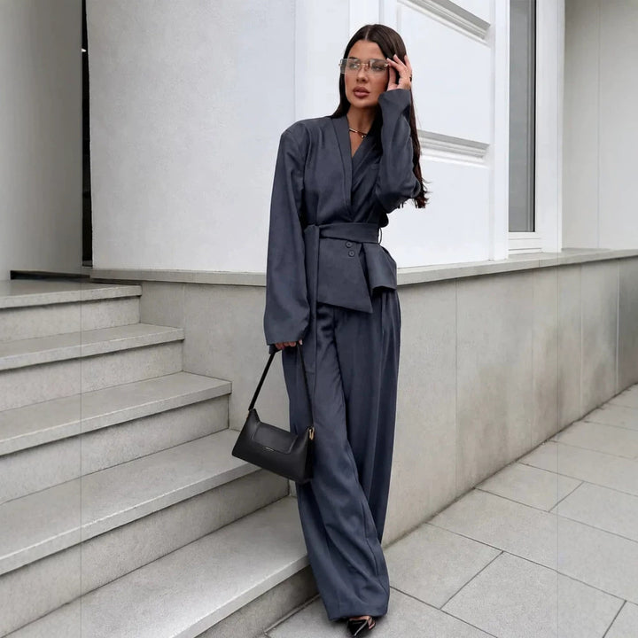 Women's Elegant Wrap Blazer Set with Waist Belt and Wide Pleated Trousers Mune Fashion