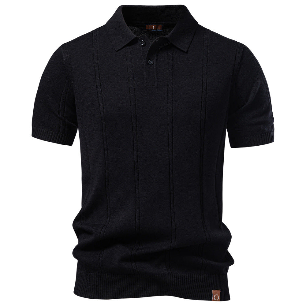 Men's short sleeve knitted polo with textured stripes, ribbed cuffs, and classic polo collar Mune Fashion