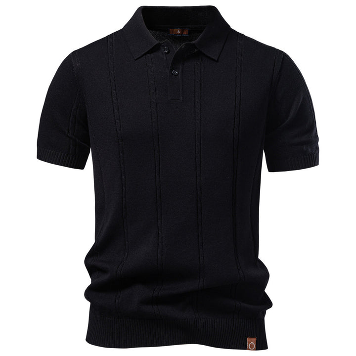 Men's short sleeve knitted polo with textured stripes, ribbed cuffs, and classic polo collar Mune Fashion