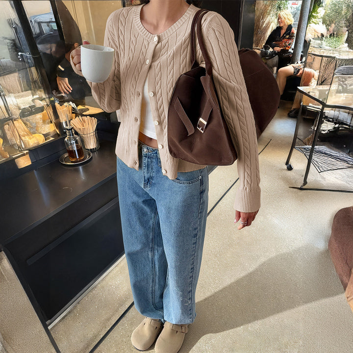 Women's cable knit cardigan with round neckline, button placket and ribbed hem Mune Fashion