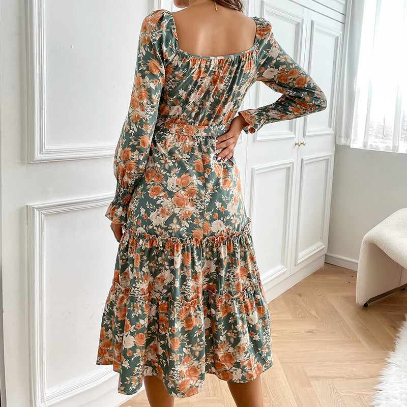 Women's midi dress with square neckline, puff sleeves, and waist lacing Mune Fashion