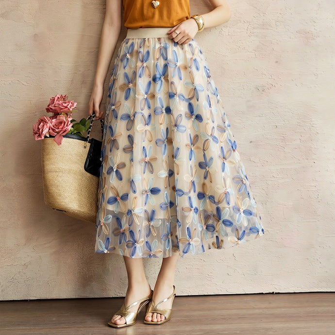 Women's embroidered A-line tulle skirt with 3D floral appliqué and high-waisted elastic waistband Mune Fashion