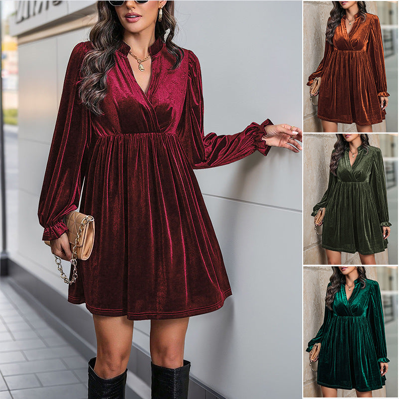 Women's Festive Velvet Mini Dress with Wrap V-Neck, Tailored Gathering and Voluminous Balloon Sleeves Mune Fashion