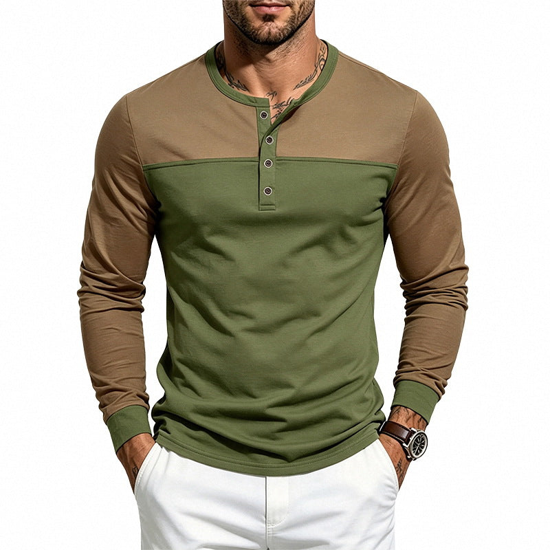 Men's Slim-Fit Henley Long Sleeve Shirt with Contrasting Insert and Button Placket Mune Fashion
