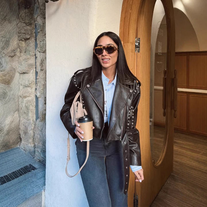Women's Short Studded Biker Jacket Made of Faux Leather with Waist Belt Mune Fashion