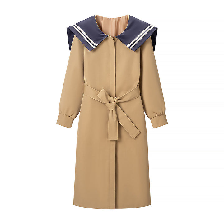 Women's coat with oversized sailor collar, belted waist and concealed button placket Mune Fashion