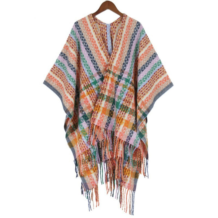 Women's Multicolored Woven Poncho in Boho Patchwork Design with Fringes Mune Fashion